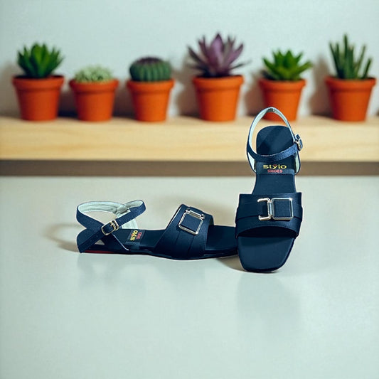 Black Flat Sandals with Double Buckle Strap