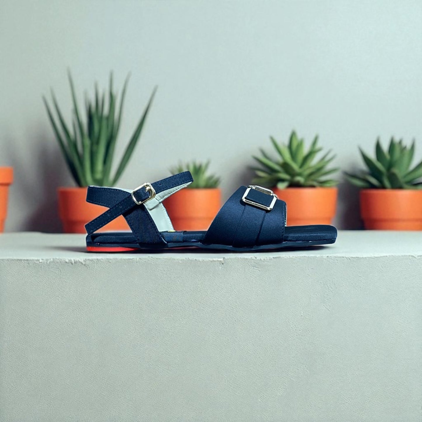 Black Flat Sandals with Double Buckle Strap