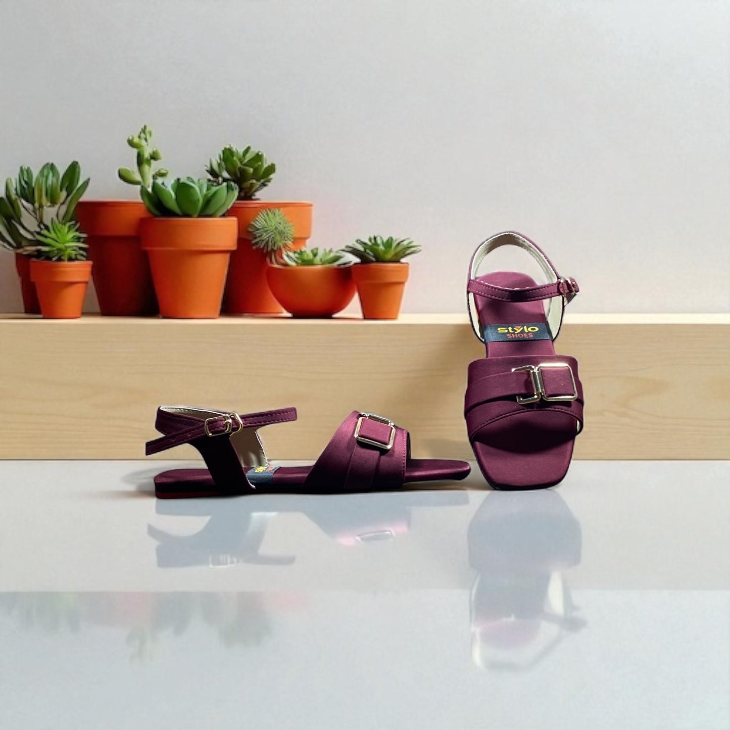 Maroon Flat Sandals with Double Buckle Strap