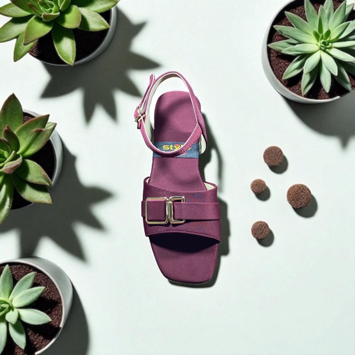 Maroon Flat Sandals with Double Buckle Strap