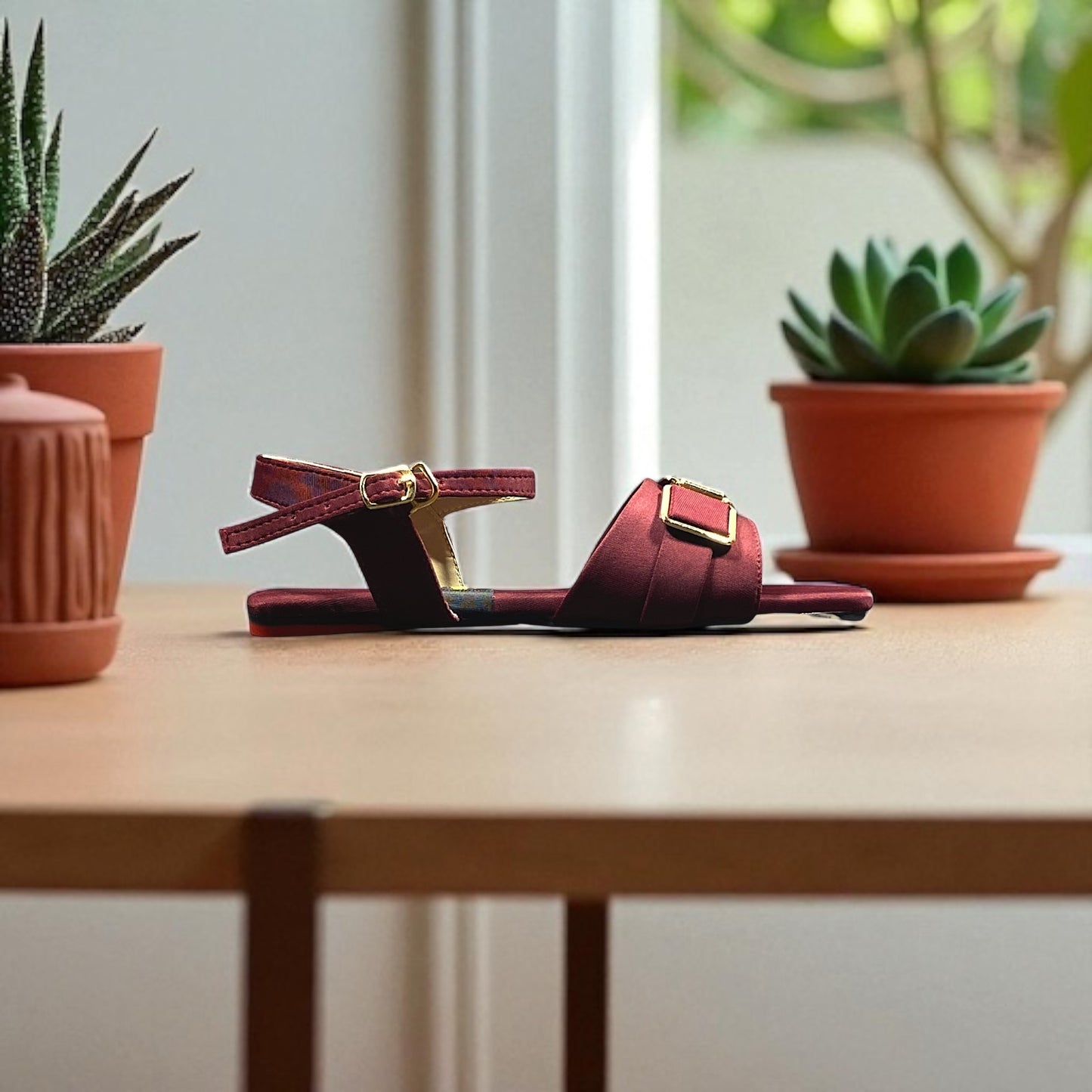 Maroon Flat Sandals with Double Buckle Strap