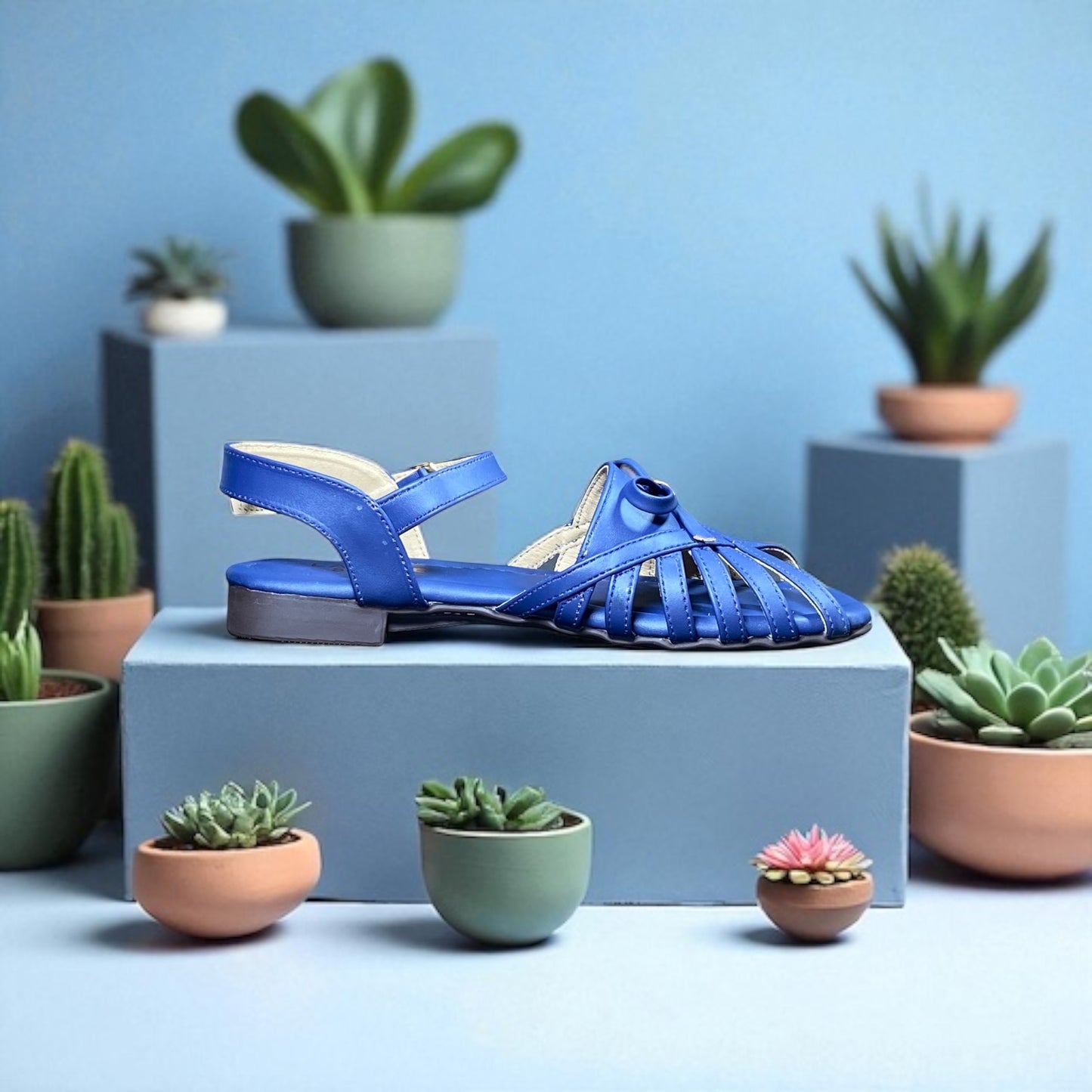 Dark Blue Buckle Strap Flat Sandals